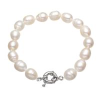 Bracelet en perles de culture d'eau douce, perle d'eau douce cultivée, avec laiton, riz, Placage de couleur platine, pour femme, blanc, 9-10mm, Vendu par Environ 7.5 pouce brin