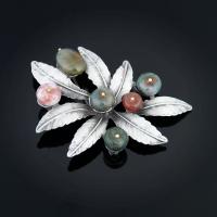 Tibetan Style Brooches, with Mixed Agate, Leaf, antique silver color plated, for woman, lead & cadmium free, 50x70mm, Sold By PC