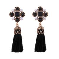 Fashion Fringe Earrings Zinc Alloy with acrylic rhinestone & ABS Plastic Pearl & Cotton Cord stainless steel post pin antique gold color plated faceted lead & cadmium free 60mm Sold By Pair