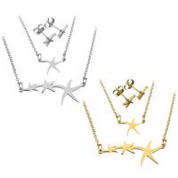 Fashion Stainless Steel Jewelry Sets, earring & necklace, Starfish, plated, oval chain & for woman & 2-strand, more colors for choice, 34x13mm, 2mm, 8x7mm, Length:Approx 19 Inch, Sold By Set