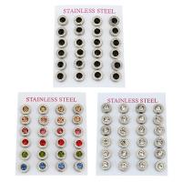Stainless Steel Stud Earrings Flat Round with roman number & for woman & with rhinestone 9mm Sold By Lot