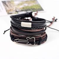 Cowhide Bracelet Set with Waxed Nylon Cord & PU Leather & Zinc Alloy silver color plated braided bracelet & adjustable & for man nickel lead & cadmium free 60mm Length Approx 7.6 Inch Sold By Set