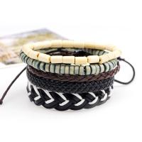 cuir PU Set de bracelet, avec Ciré Nylon & bois, bracelet tressé & unisexe & réglable, 60mm, Longueur Environ 7.6 pouce, 5Strandstoron/fixé, Vendu par fixé