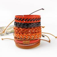 Cowhide Bracelet Set, with Waxed Nylon Cord & PU Leather, braided bracelet & adjustable & for man, 60mm, Length:Approx 7.6 Inch, 6Strands/Set, Sold By Set