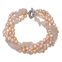 Freshwater Cultured Pearl Bracelet, Freshwater Pearl, with Rose Quartz, platinum color plated, for woman & 4-strand, pink, 6-7mm, Sold Per Approx 7.5 Inch Strand