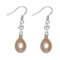 Freshwater Pearl Earrings, with Brass, Rice, platinum color plated, for woman & with rhinestone, pink, 8-9mmuff0c38mm, Sold By Pair