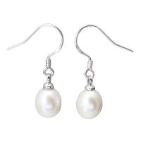 Boucles d'oreilles en perles d'eau douce, perle d'eau douce cultivée, avec laiton, riz, Placage de couleur platine, pour femme, blanc, 8-9mm, Vendu par paire