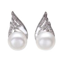 Freshwater Pearl Earrings with Brass Wing Shape platinum color plated for woman & with rhinestone white 7-8mmuff0c Sold By Pair