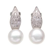 Freshwater Pearl Earrings, with Brass, Button, platinum color plated, for woman & with rhinestone, white, 7-8mmuff0c8x24mm, Sold By Pair