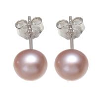 Boucles d'oreilles en perles d'eau douce, perle d'eau douce cultivée, avec laiton, Placage de couleur platine, pour femme, violet, 6-7mm, Vendu par paire