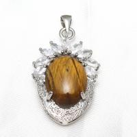 Natural Tiger Eye Pendants Freshwater Shell with Tiger Eye & Brass Oval platinum color plated for woman & with cubic zirconia Sold By PC
