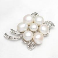 Freshwater Pearl Brooch with Brass Flower platinum color plated for woman & with rhinestone white Sold By PC