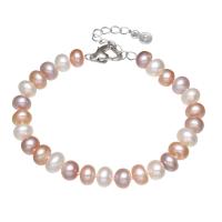 Bracelet en perles de culture d'eau douce, perle d'eau douce cultivée, avec laiton, bouton, Placage de couleur platine, pour femme, 7-8mm, Vendu par brin