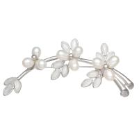 Freshwater Pearl Brooch with Cats Eye & Brass Flower platinum color plated for woman white 0c5-6mm Sold By PC