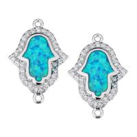 Cubic Zirconia Micro Pave Brass Connector, with Opal, Hamsa, platinum plated, micro pave cubic zirconia & 1/1 loop, 14x20x2mm, Hole:Approx 1mm, 10PCs/Lot, Sold By Lot