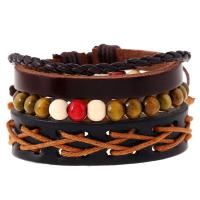 Men Bracelet PU Leather with Waxed Linen Cord & Wood adjustable & for man 18cm Length Approx 7 Inch Sold By Set