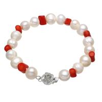 Freshwater Cultured Pearl Bracelet Freshwater Pearl with coral & Brass Potato platinum color plated for woman 9-10mm Sold Per Approx 7 Inch Strand