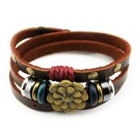 Leather Cord Bracelet, with Waxed Linen Cord & Wood & Tibetan Style, Flower, Unisex & adjustable & 3-strand, 58mm, Sold Per Approx 10.5 Inch Strand