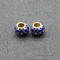 Tibetan Style European Beads, Drum, gold color plated, imitation cloisonne & enamel & large hole, blue, lead & cadmium free, 9x7mm, Hole:Approx 4mm, 10PCs/Bag, Sold By Bag