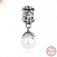 Thailand Sterling Silver Pendants, with Glass Pearl, Round, micro pave cubic zirconia & for woman & without troll, 8x20mm, Hole:Approx 4.5-5mm, Sold By PC