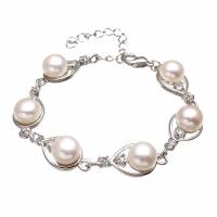 Bracelet en perles de culture d'eau douce, perle d'eau douce cultivée, avec alliage de zinc, Placage de couleur platine, pour femme & avec strass, blanc, 10-11mmuff0c12x30mm, Vendu par Environ 6 pouce brin