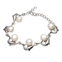 Bracelet en perles de culture d'eau douce, perle d'eau douce cultivée, avec alliage de zinc, dauphin, Placage de couleur platine, pour femme, plus de couleurs à choisir, 8-9mmuff0c16x24mm, Vendu par Environ 6.5 pouce brin