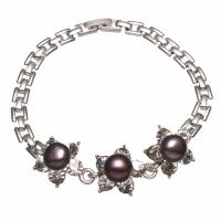 Freshwater Cultured Pearl Bracelet, Freshwater Pearl, with Tibetan Style, Flower, platinum color plated, for woman & with rhinestone, black, 9-10mmuff0c16x17mm, Sold Per Approx 7 Inch Strand
