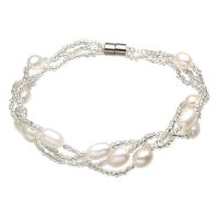 Freshwater Kulturperler Pearl Bracelet, Ferskvandsperle, med Glas Seed Beads, Ris, for kvinde, hvid, 6-7mm, Solgt Per Ca. 7 inch Strand