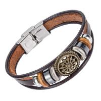 Unisex Bracelet, Leather, with Wood & Tibetan Style, 3-strand, 190x10mm, Sold Per Approx 7.5 Inch Strand