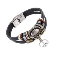 Tibetan Style Bracelet, Leather, with Wood & Tibetan Style, Peace Logo, Unisex & multi-strand, 190x10mm, Sold Per Approx 7.5 Inch Strand
