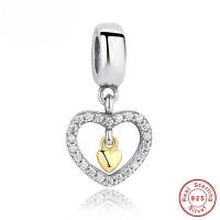 925 Sterling Silver European Pendant, Heart, word mother, plated, micro pave cubic zirconia & for woman & without troll & two tone, 12x23mm, Hole:Approx 4.5-5mm, Sold By PC