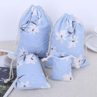 Cotton Fabric Drawstring Pouches, with Linen, different size for choice & with flower pattern, 50PCs/Bag, Sold By Bag