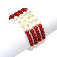 Freshwater Pearl Bracelet, with Coral, brass box clasp, Round, for woman & 4-strand, 6mm, Sold Per Approx 7.5 Inch Strand