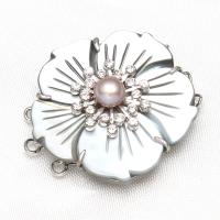 Brass Bayonet Clasp, with Freshwater Shell & Freshwater Pearl, Flower, platinum color plated, for woman & 3-strand & with rhinestone, white, nickel, lead & cadmium free, 33.5x37x12mm, Hole:Approx 2mm, Sold By PC