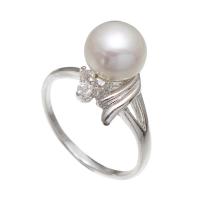 Slatkovodni Pearl Finger Ring, Mesing, s Slatkovodni Pearl, platine boja pozlaćen, za žene & s Rhinestone, bijel, nikal, olovo i kadmij besplatno, 8-9mm, Veličina:8-9, Prodano By PC