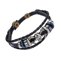 Unisex Bracelet, Leather, with PU Leather & Wood & Tibetan Style, Skull, adjustable & 3-strand, 210x6mm, Sold Per Approx 8.5 Inch Strand