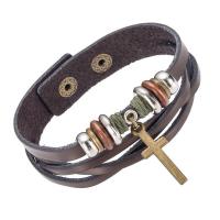 Unisex Bracelet, Cuir, avec corde en nylon & bois & alliage de zinc, croix, unisexe & réglable & à fils multiples, 215x18mm, Vendu par Environ 8.5 pouce brin