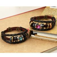Unisex Bracelet, Leather, with PU Leather & Crystal & Wood & Tibetan Style, adjustable & 3-strand, more colors for choice, 220x5mm, Sold Per Approx 8.5 Inch Strand