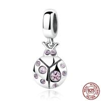 925 Sterling Silver European Pendant, Ladybug, micro pave cubic zirconia & without troll, 8x20mm, Hole:Approx 4.5-5mm, Sold By PC