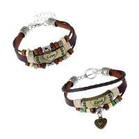Unisex Bracelet, Leather, with PU Leather & Nylon Cord & Wood & Tibetan Style, with 7.5cm extender chain, word love, adjustable & different styles for choice & 3-strand, 210x8mm, Sold Per Approx 6.5 Inch Strand