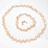 Natural Cultured Freshwater Pearl Jewelry Sets bracelet & earring & necklace with Zinc Alloy stainless steel post pin for woman pink 7-8mm 8-9mm Length Approx 15.5 Inch Approx 7 Inch Sold By Set