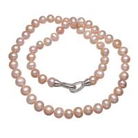 Naturliga Odlade Sötvatten Pearl Jewelry Sets, Freshwater Pearl, med Zink Alloy, Potatis, för kvinna, rosa, 7-8mm, Såld Per Ca 17 inch Strand