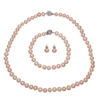 Natural Cultured Freshwater Pearl Jewelry Sets bracelet & earring & necklace with Zinc Alloy stainless steel post pin with 5cm extender chain Round for woman pink 6-7mm Length Approx 18 Inch Approx 7.5 Inch Sold By Set