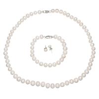 Natural Cultured Freshwater Pearl Jewelry Sets, bracelet & earring & necklace, stainless steel post pin, with 5cm extender chain, Potato, for woman, white, 7-8mm, Length:Approx 17.5 Inch, Approx 7.5 Inch, Sold By Set