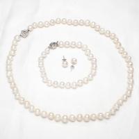 Natural Cultured Freshwater Pearl Jewelry Sets, bracelet & earring & necklace, with Tibetan Style, stainless steel post pin, Round, for woman, white, 6-7mm, Length:Approx 18 Inch, Approx 7.5 Inch, Sold By Set