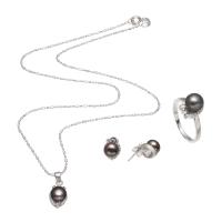 Natural Cultured Freshwater Pearl Jewelry Sets finger ring & earring & necklace with Zinc Alloy stainless steel post pin for woman   US Ring Length Approx 15.5 Inch Sold By Set