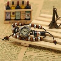 Montre-bracelet unisexe, Cuir, avec corde en nylon & bois & alliage de zinc, réglable & 3 brins, 170mm, Longueur Environ 6.5 pouce, Vendu par PC