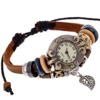 Часы унисекс, Кожа, с Нейлоновый шнурок & деревянный & цинковый сплав, Мужская & регулируемый & 3-нить & со стразами, 170mm, длина:Приблизительно 6.5 дюймовый, продается PC