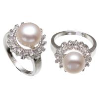 Freshwater Pearl Finger Ring Brass with Freshwater Pearl Flower platinum color plated for woman & with rhinestone white nickel lead & cadmium free 9-10mm US Ring Sold By PC