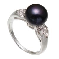 Slatkovodni Pearl Finger Ring, Mesing, s Slatkovodni Pearl, platine boja pozlaćen, za žene & s Rhinestone, crn, nikal, olovo i kadmij besplatno, 9-10mm, Veličina:5.5-8, Prodano By PC